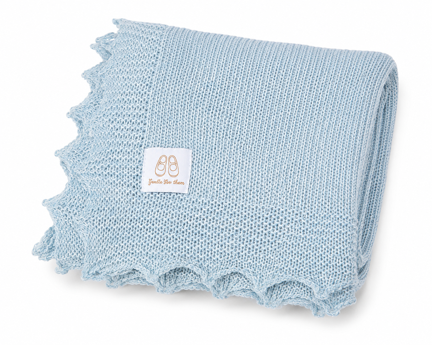 Blue hand-knitted baby shawl with scalloped edge made from pure wool