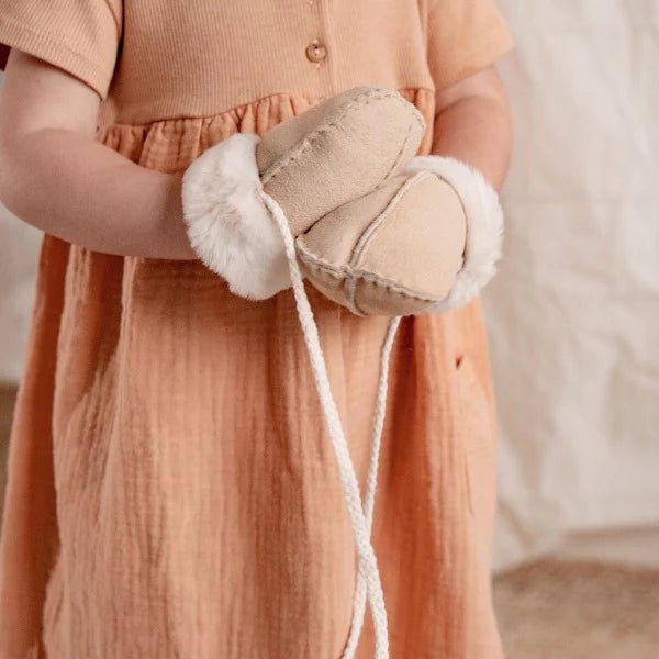 Baby Sheepskin Puddy Mittens on String | Sand - The Baby Cot Shop, Chelsea