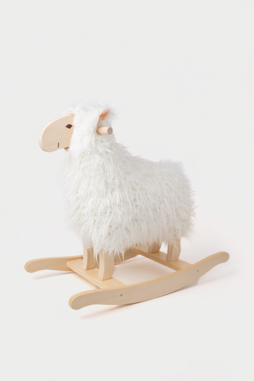 Wooden rocking lamb toy with removable cream fleece coat for nursery.